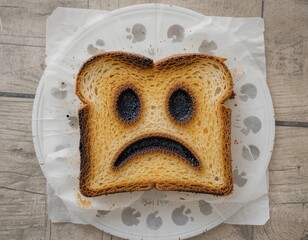 Slice of burnt toast with sad face pattern in the burn marks,
