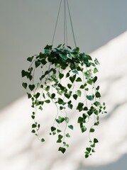 Hanging heart-shaped leaf plant in a pot, casting shadows