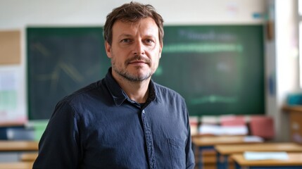 A middle-aged European male teacher stands confidently in a classroom, embodying the essence of education and dedication. The chalkboard in the background suggests an engaging learning environment.