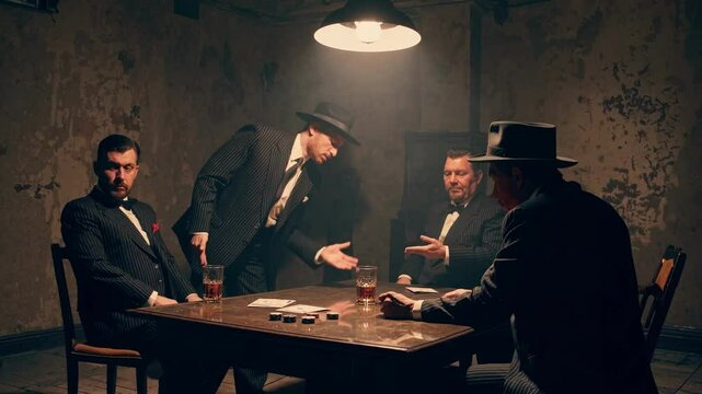 Vintage video scene with four men in suits playing poker. Low-angle shot highlights dim lighting and a smoky, noir atmosphere.