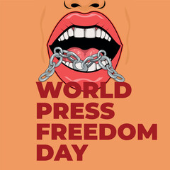 A bold illustration symbolizing censorship: a mouth with red lips is chained shut. Below, the text reads “World Press Freedom Day,” highlighting the importance of free speech and journalism.
