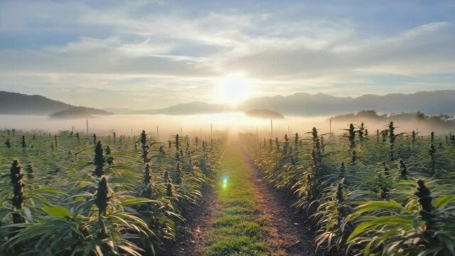 Industrial hemp field rows leading to horizon under sunny, misty sky in countryside, agriculture of natural organic plants, landscape outdoor