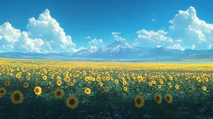 Obraz premium Sunflowers Under a Clear Sky: An expansive field of vibrant sunflowers blossoms under a clear sky, bathed in the golden light of the sun.