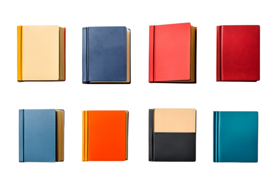 Set of closed square hardcover books isolated on a transparent background