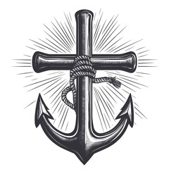 Black and white vector of anchor wrapped in rope and cross, symbol of faith and hope in Jesus, classic religious motif