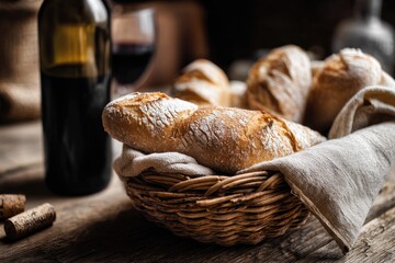 A basket of fresh Italian bread on a rustic table next to a bottle of red wine