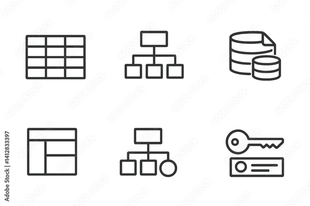 Poster linear database management icons set on metallic background for tech projects