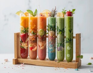 Smoothie served in lab test tubes on a wooden rack,