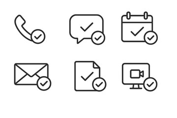 outline vector icons of communication confirmations: call confirmed, chat verified, meeting check, email received, invite ok, message sent, Zoom joined, reply marked. set of line style icons in a
