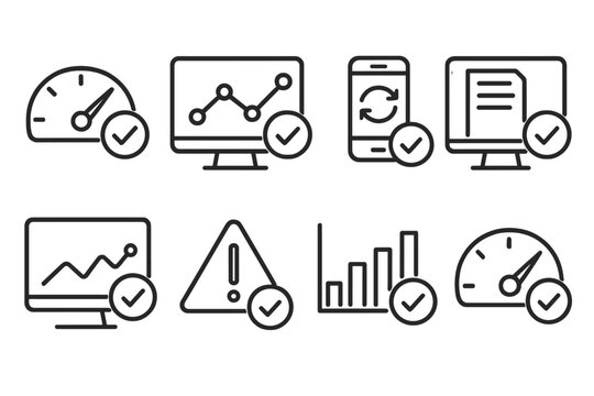 outline vector icons of data analytics: pie chart, bar graph, chart, scatter plot, data report, dashboard panel, analytics icon, trend arrow. set of line style icons in a modern, minimalist design.