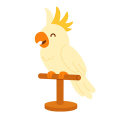 Cartoon cockatoo parrot sitting on perch. Flat vector clipart of exotic domestic pet bird.
