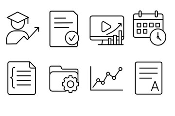 outline vector icons of educational data: student progress, test scores, learning analytics, attendance chart, curriculum data, assessment file, grade trends, report card icon. ine style icons in a