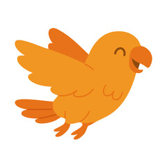 Bright cartoon parrot flying happily. Flat vector illustration of exotic pet bird in motion.