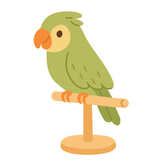 Cartoon green parrot sitting calmly on wooden perch. Flat vector clipart of exotic pet bird. © exxxistence