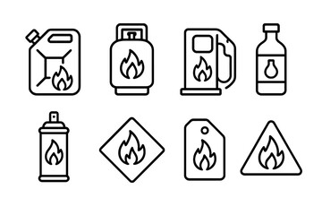 Fototapeta premium outline vector icons of flammable materials: fuel canister, propane tank, gas icon, ethanol bottle, aerosol can, chemical label, flammable tag, warning symbol. ine style icons in a modern, minimalist
