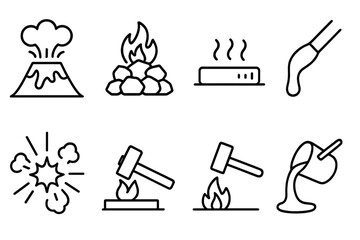 outline vector icons of hot materials: lava icon, burning coal, red metal, molten material, forge heat, steam burst, fire and metal, smelting pot. ine style icons in a modern, minimalist design.