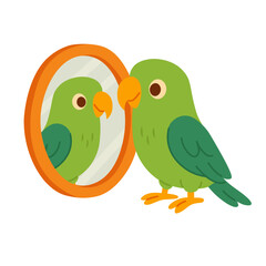 Funny cartoon green parrot looking at reflection in mirror. Flat vector clipart of pet bird.