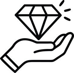 Diamond in Hand Icon isolated on a white background. Hand Holding a Shining Diamond, Vector Art of Precious Gem Presented on an Open Palm. Open Hand Offering a Sparkling Diamond Vector Illustration. 