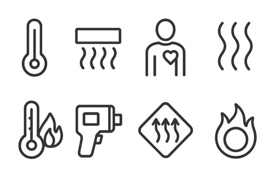 outline vector icons of thermal concepts: temperature icon, infrared heat, body warmth, heatwave lines, fire and temp, thermal camera, hot zone, warmth symbol. ine style icons in a modern, minimalist