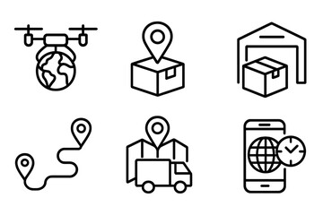outline vector icons of global delivery systems: drone with globe, location package, delivery time zone, global warehouse, logistic route icon, local courier map, drop point Earth, tracking icon. set