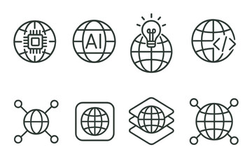 outline vector icons of global tech: chip over globe, AI globe, innovation world, global code, digital connections, app icon globe, tech layers, UI network. set of line style icons in a modern,