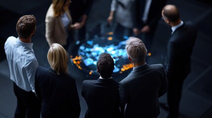 Participants gather to analyze interactive data displayed on a digital table in an office environment. The focus is on teamwork and sharing insights during a corporate event.