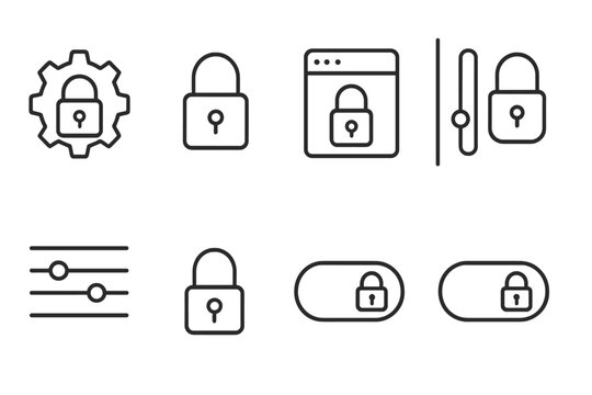 outline vector icons of lock settings: gear with lock, lock config icon, lock preferences, control panel lock, custom access, adjustable lock, settings slider, toggle lock. set of line style icons in
