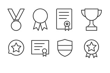 outline vector icons of school awards: medal, ribbon, honor roll, trophy, star sticker, merit certificate, badge icon, achievement icon. set of line style icons in a modern, minimalist design.