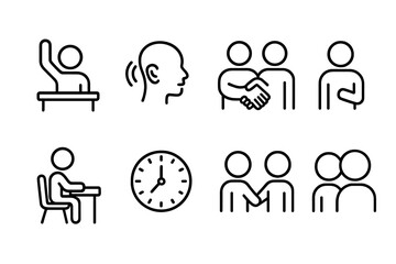 outline vector icons of classroom behavior: raise hand, listen closely, teamwork, be kind, help others, stay seated, respect time, eye contact. set of line style icons in a modern, minimalist design.