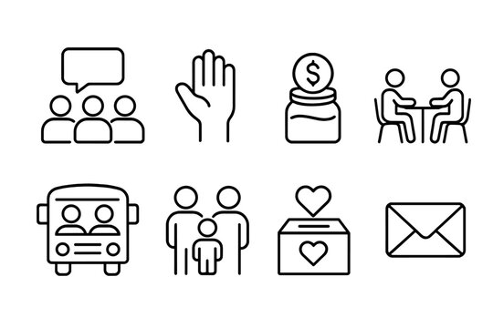 outline vector icons of parent involvement: PTA icon, volunteer hand, school fundraiser, parent meeting, field trip chaperone, family event, donation box, email icon. ine style icons in a modern,