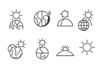 outline vector icons of global sun exposure: sunlight map, Earth tilt, equator sun path, seasonal daylight, sun above continents, heat zones, hemisphere icon, sunrise chart. ine style icons in a