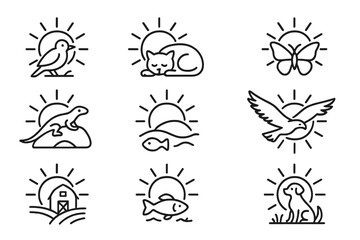 Fototapeta premium outline vector icons of cats and other animals: cat and dog, cat and bird, cat chasing mouse, cat with fish, cat watching hamster, cat with rabbit, cat and lizard, cat near snake. set of line style