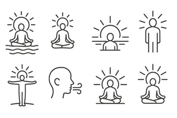 outline vector icons of meditative sun scenes: yoga on beach, person under sun, sunrise meditation, peaceful rays, open arms to sun, breath icon, balance with light, calming glow. set of line style