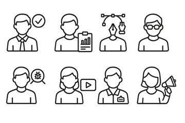 Fototapeta premium outline vector icons of team roles: team leader, project manager, designer icon, developer icon, QA tester, content creator, HR rep, marketing lead. set of line style icons in a modern, minimalist