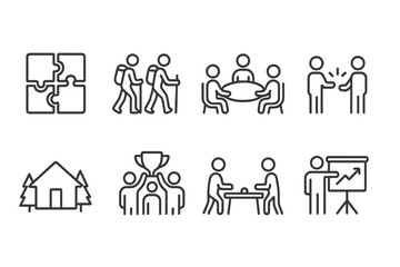 outline vector icons of team building: puzzle pieces, group hike, team lunch, icebreaker icon, retreat icon, shared win, team game, workshop icon. set of line style icons in a modern, minimalist