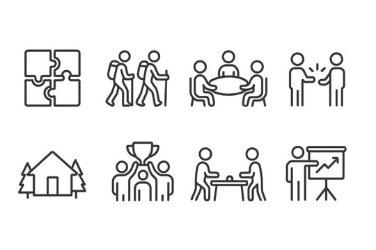 outline vector icons of team building: puzzle pieces, group hike, team lunch, icebreaker icon, retreat icon, shared win, team game, workshop icon. set of line style icons in a modern, minimalist