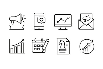outline vector icons of email marketing: email campaign, newsletter, subscriber list, analytics, open rate, CTR, bulk send, email automation. set of line style icons in a modern, minimalist design.