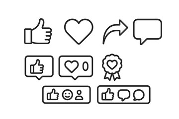 outline vector icons of social media hearts: like button, heart reaction, heart counter, heart comment, share with heart, pinned heart post, favorite post, profile with heart. set of line style icons