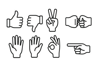 outline vector icons of gestures and hand signs: thumbs up, peace sign, wave, handshake, pointing finger, raised hand, fist bump, heart hands.No labels, set of line style icons in a modern,