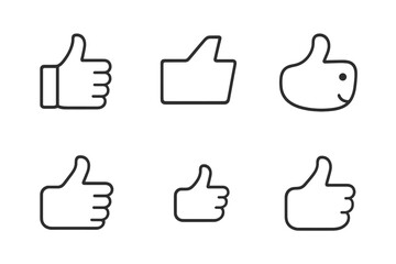 outline vector icons of thumbs up gestures: hand with thumb up, outlined thumb, side view thumbs up, thumb in circle, hand with wristband, gesture with motion lines, approval hand, raised thumb. set