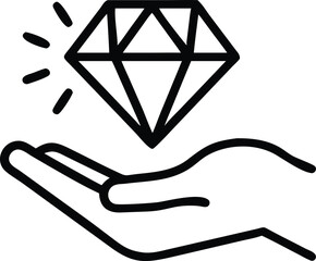 Diamond in Hand Icon isolated on a white background. Hand Holding a Shining Diamond, Vector Art of Precious Gem Presented on an Open Palm. Open Hand Offering a Sparkling Diamond Vector Illustration. 