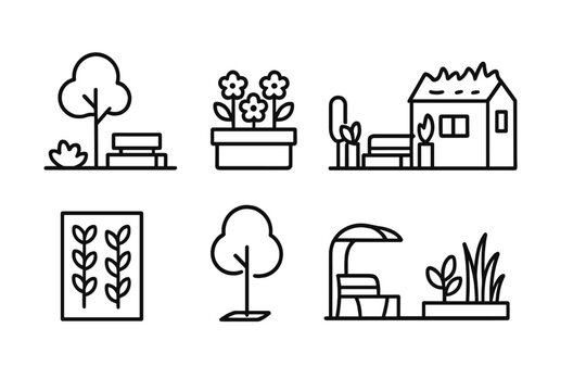 outline vector icons of urban green spaces: small park square, flower planter, parklet seating, green roof, vertical garden, street tree, shaded bench, traffic buffer garden. set of line style icons
