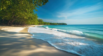 Serene Tropical Beach with Gentle Waves and Lush Green Trees Under a Clear Blue Sky in Daylight