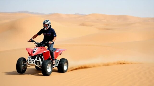 Man on Red Quad Bike Speeding Across Sahara Desert Dunes