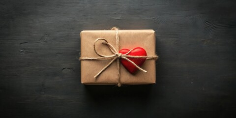 A heartfelt gift rustic brown package tied with twine and adorned with a red heart