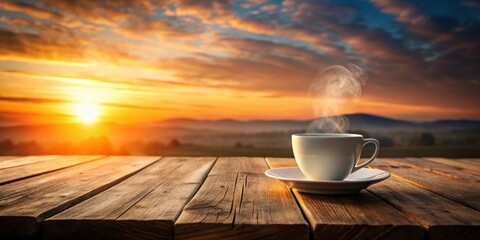 A steaming cup of coffee rests on a rustic wooden table, enjoying the breathtaking beauty of a vibrant sunrise over a tranquil landscape.