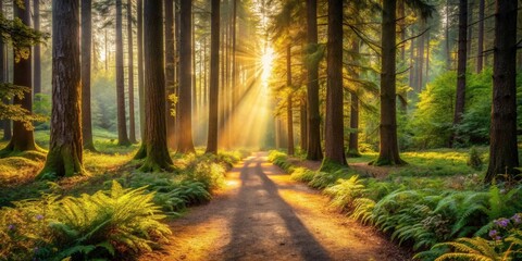 Obraz premium Sunlit Path Through a Verdant Forest at Dawn