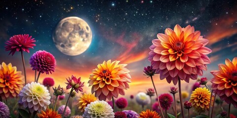 Naklejka premium Vibrant dahlia blooms under a celestial night sky, illuminated by a radiant full moon and scattered stars.