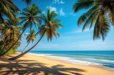 Serene Tropical Beach with Palm Trees Under Clear Blue Sky and Gentle Waves Lapping at the Sandy Shore in a Perfect Vacation Destination