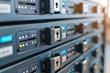 A close-up view of server hardware featuring locks and LED indicators, showcasing modern data storage technology.